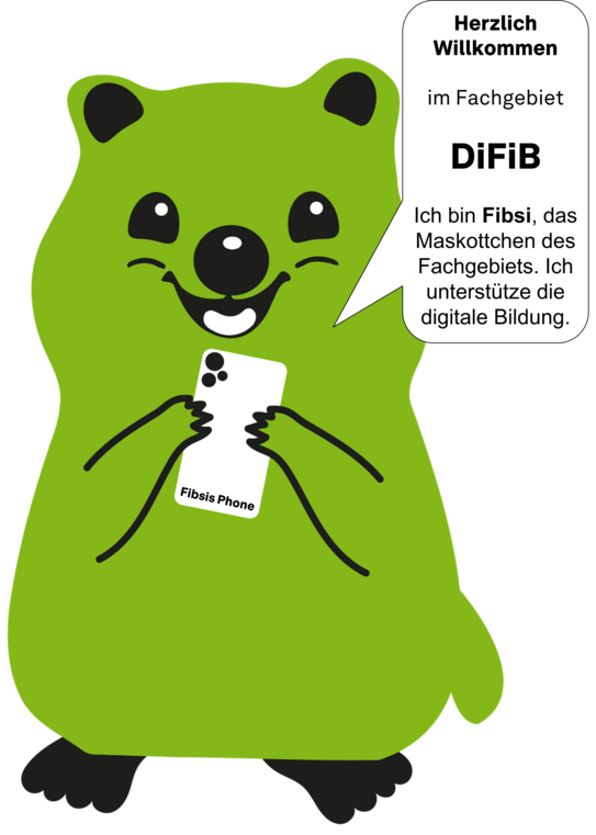 Grünes, comicartig gezeichnetes Quokka-Maskottchen namens Fibsi hält ein Smartphone mit der Aufschrift „Fibsis Phone“ in den Pfoten und lächelt freundlich. In einer Sprechblase steht: „Herzlich Willkommen im Fachgebiet DiFiB. Ich bin Fibsi, das Maskottchen des Fachgebiets. Ich unterstütze die digitalen Bildung.“